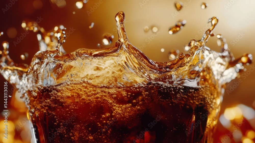 Poster refreshing cola drink with dynamic splash against a warm brown background capturing the essence of r