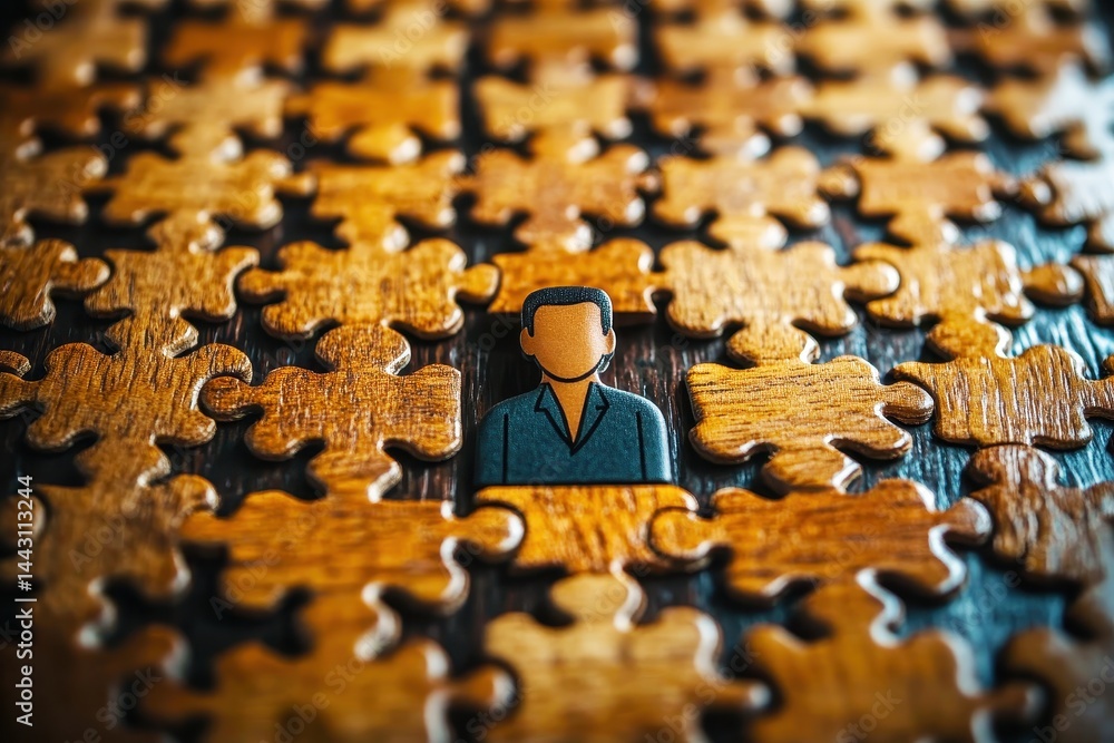 Poster wooden puzzle pieces surrounding a lone figure representing uniqueness and individuality in an abstr