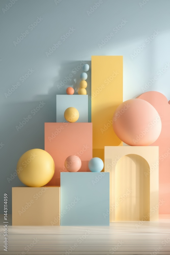 Aufkleber geometric composition of pastel shapes and spheres creating a modern minimalist scene with soft ligh