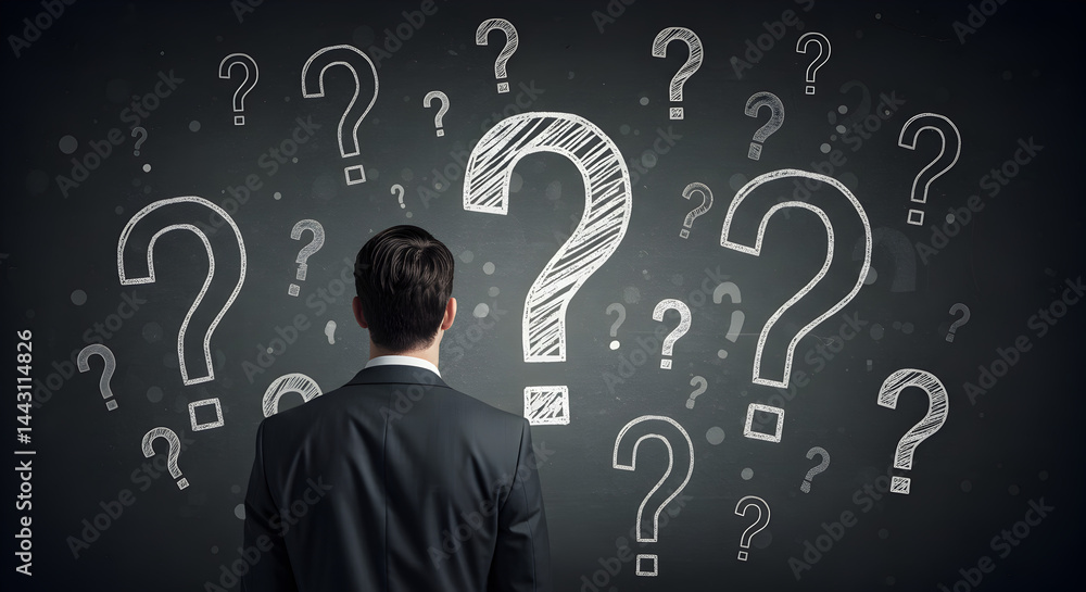 Poster rear view of a businessman looking at question marks on chalkboard in dark background