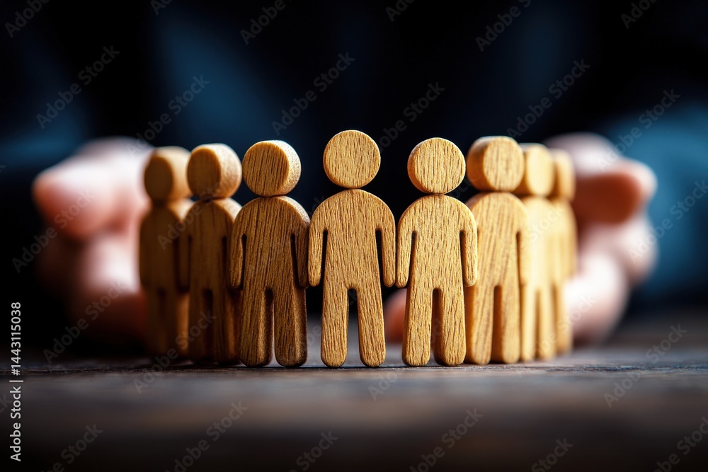 Poster group of wooden figures representing community and togetherness in a close circle with hands behind 