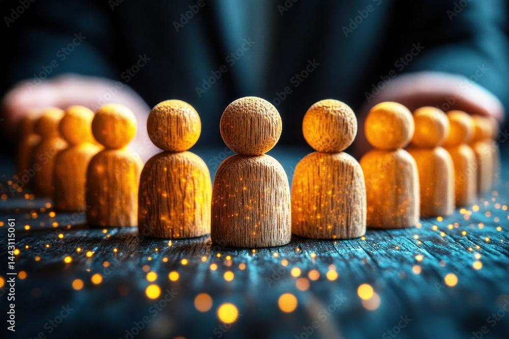 Poster wooden figures representing teamwork and collaboration surrounded by glowing lights on a rustic tabl