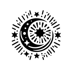 Celestial Crescent Moon and Stars Black and White Vector Illustration