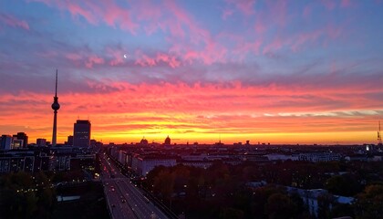 Naklejka premium Vibrant Sunset Over Berlin City,colourful, dramatic, dusk, gorgeous, horizon, misty, panorama, photo, skyline, sunrise, vibrant, tower, evening, german, morning, scenic, urban, berlin, cloud,