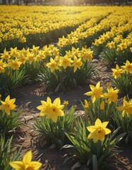 Obraz premium Sunlit daffodil field, vibrant yellow blooms, spring freshness, countryside, sun, day