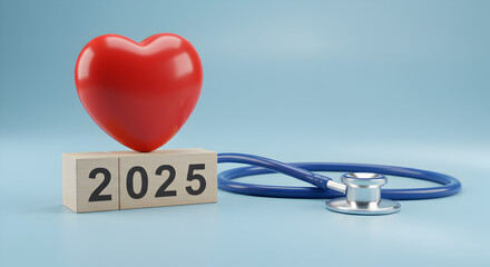Red Heart Above Wooden Blocks Displaying 2025 with Blue Stethoscope on Light Blue Background Represents Future of Healthcare