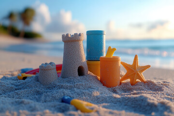 Sandcastle and Beach Toys. A sandcastle and toys sit on a sandy beach, evoking childhood memories and summer fun, with the ocean in the background.