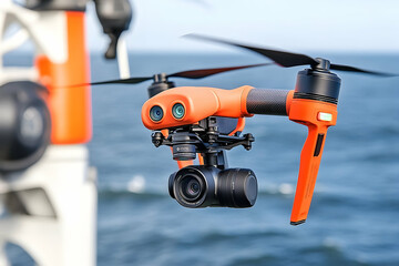 Orange drone with camera in flight above water