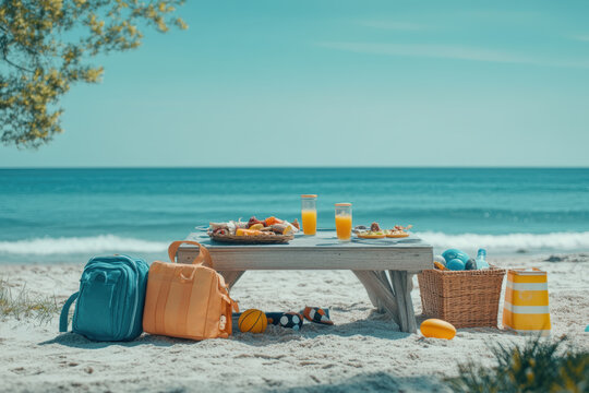Beach Picnic With Delicious Food and Drinks. A picnic is set up on a beach, complete with food and drinks, bags, and a beautiful view of the ocean.