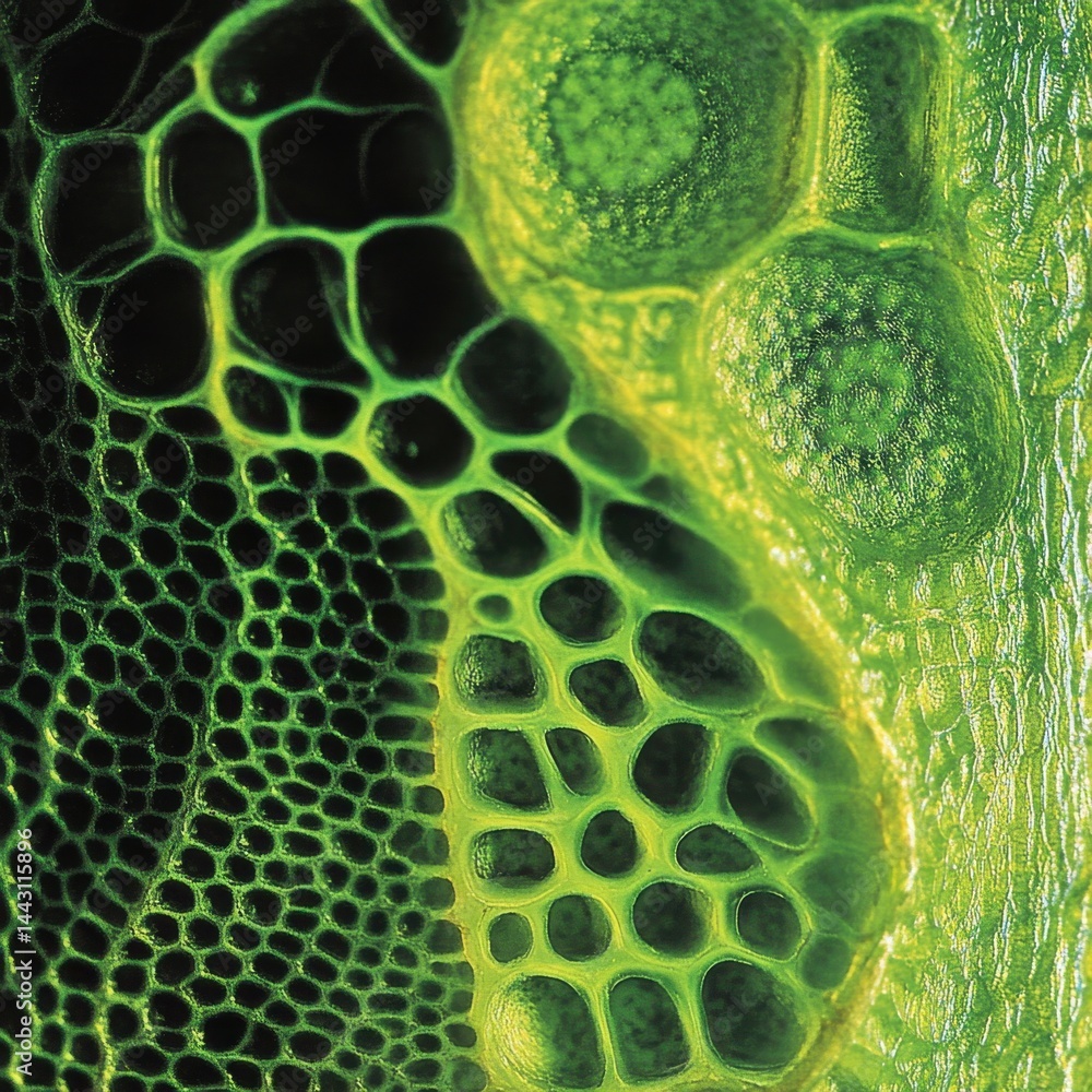 Poster captivating close up of green plant cells showcasing intricate cellular structure and vibrant color 