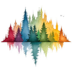 Obraz premium Colorful watercolor fairytale castle reflects beautifully in the water.
