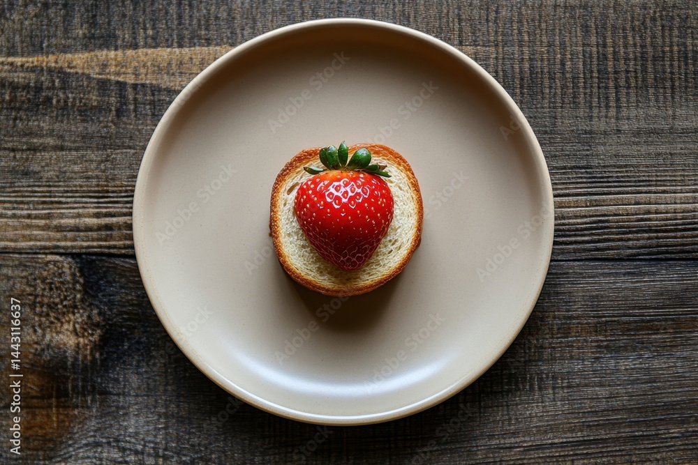Aufkleber top view of a vibrant strawberry on a slice of bread placed on a plate against a rustic wooden backg