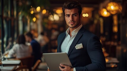 Fototapeta premium A well-dressed man with a beard stands confidently in a modern workspace, holding a laptop.
