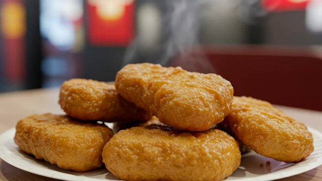 Close-up of Golden Brown Chicken Nuggets on a Plate - A stack of steaming hot chicken nuggets sits on a white paper plate.  The nuggets are golden brown and appear freshly cooked