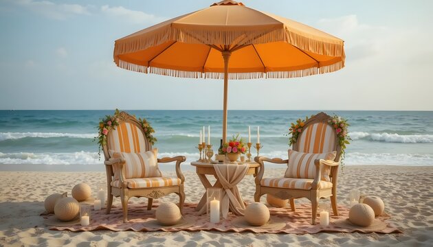 Romantic Beach Scene with Chairs and Umbrella