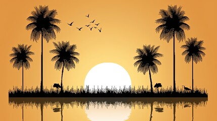 Vector silhouette palm trees and grass with water reflection, flying birds, and sunset background for tropical travel posters, decor design, or digital art