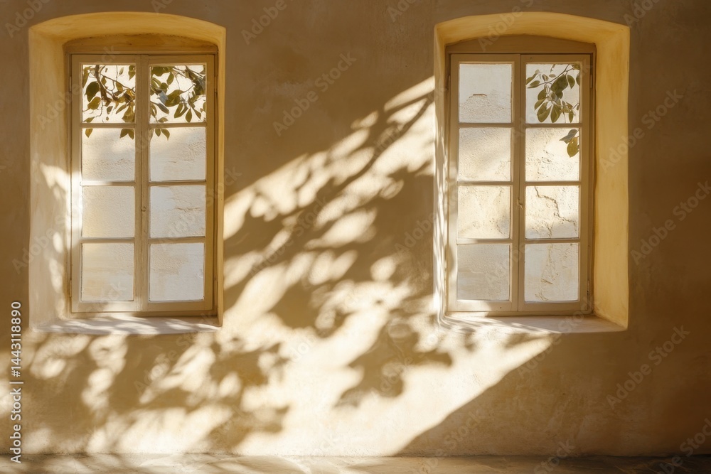 Poster two sunlit windows cast shadows on a textured wall creating a warm and inviting atmosphere with a ru