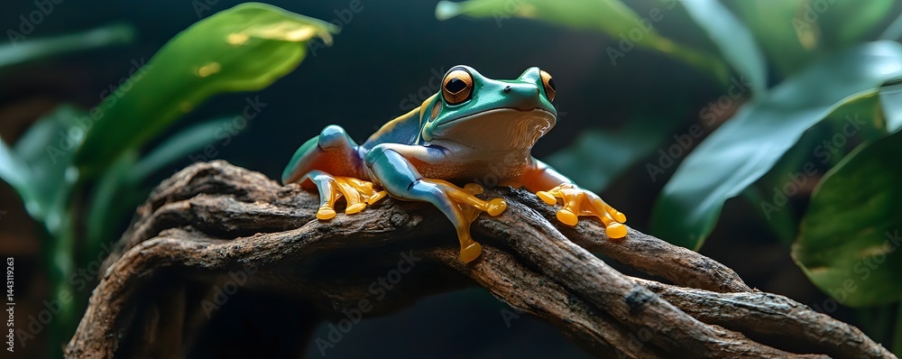 Poster a colorful tree frog rests on a branch in greenery