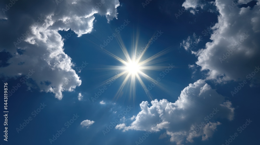 Poster radiant sunlight bursting through fluffy clouds in a deep blue sky creating a serene and hopeful atm