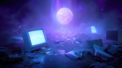 Futuristic landscape with glowing moon and vintage computers amidst digital debris in a surreal environment