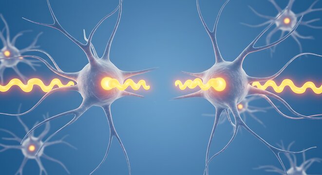 3d cute cartoon illustration, neuronal network with firing neurons in the synaptic gap, subject positioned at the bottom with clear copy space at the top.