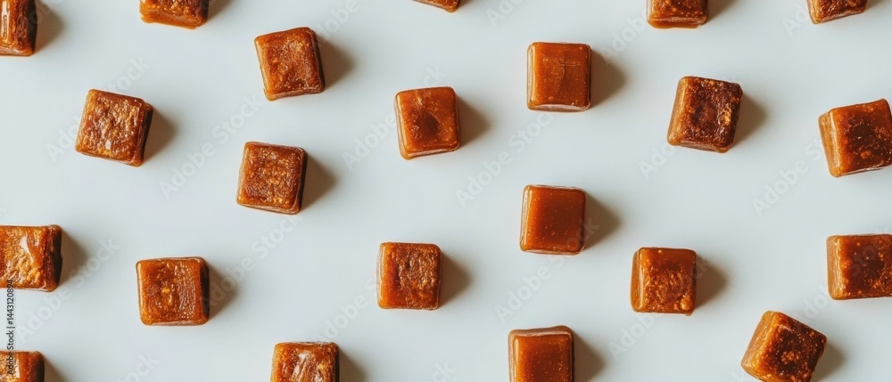 Poster delightful caramel candies scattered on a clean white background creating a sweet and inviting patte