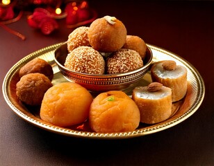 Indian sweets in a plate includes Gulab Jamun, Rasgulla, kaju katli, morichoor - Bundi Laddu