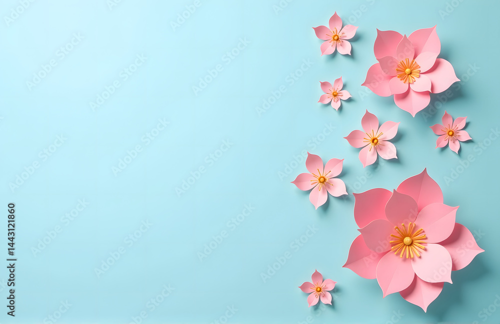 Poster delicate floral paper cutouts adorn a soft light blue background with a touch of subtle elegance and
