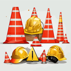 Construction Safety Illustration_ Featuring Traffic Cones_ Hard Hats_ and Warning Signs_ Ideal for Workplace Safety and Roadwork Awareness_ Ensuring a Safe Environment
