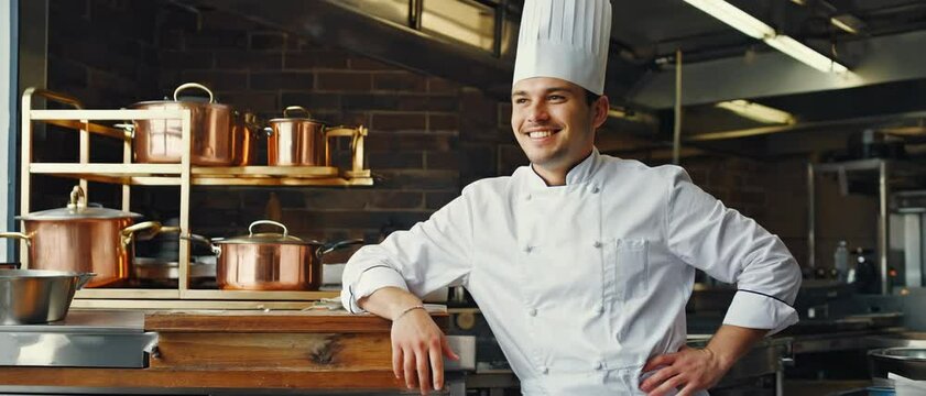 A smiling Caucasian male chef in pristine white uniform and tall toque leans confidently against a wooden prep counter in a gourmet kitchen. Concept of culinary mastery and professional hospitality.