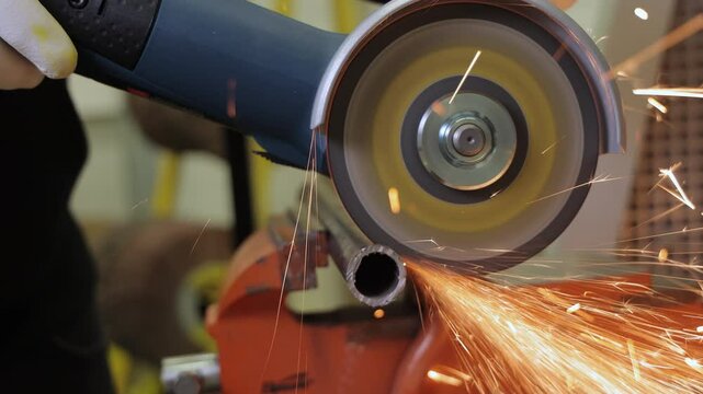 Worker using a high-speed angle grinder to cut a metal pipe with flying sparks, close-up view of a construction worker wearing gloves and operating grinding machine during work