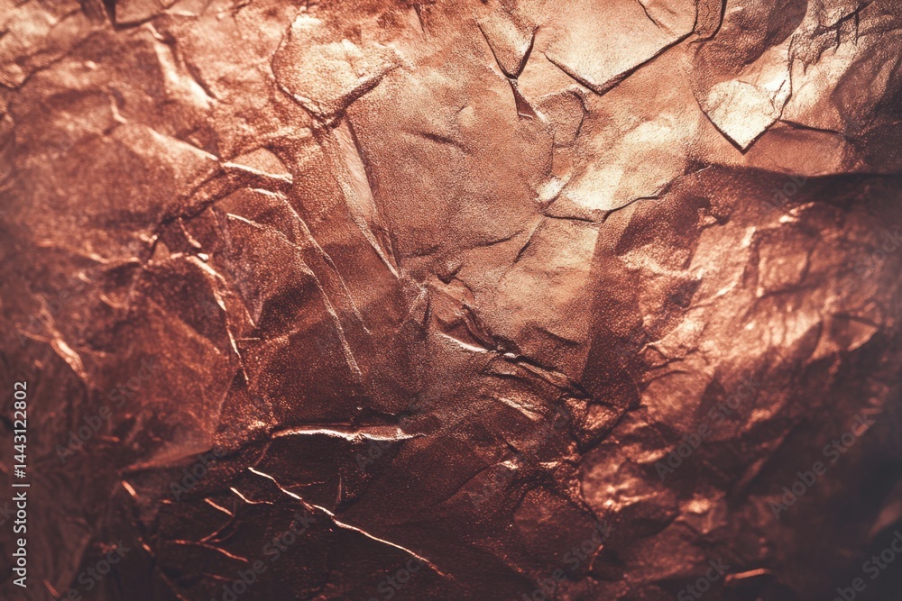 Poster textured copper surface with deep creases and subtle shadows creates an abstract metallic backdrop p