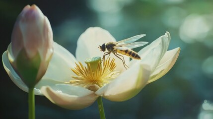 A hoverfly perched on a flower, showing fine details of the wings
