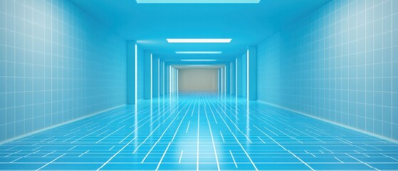 Obraz premium Light blue tiled corridor with perspective view and bright illumination creates futuristic ambiance and clean aesthetic for modern architectural design and concept