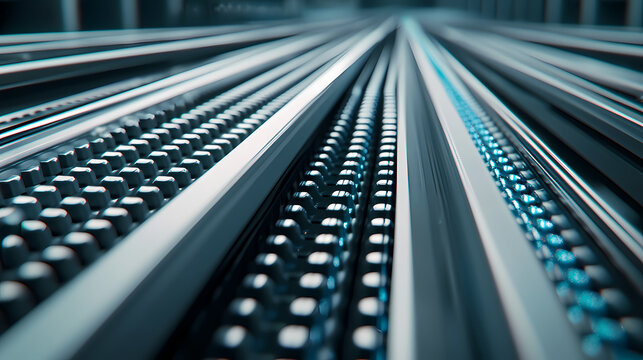 A close-up view of metallic, futuristic rails or tracks with glowing blue lights, suggesting advanced technology or data transmission.