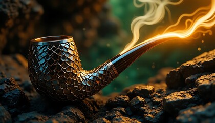 Ornate Smoking Pipe with Glowing Effect on Rocky Ground