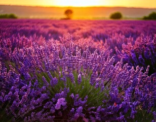 Obraz premium Lavender flowers - Sunset over a summer purple lavender field . Bunch of scented flowers 
