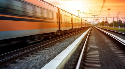Fototapeta premium Train Speeding on Tracks Under Sunset