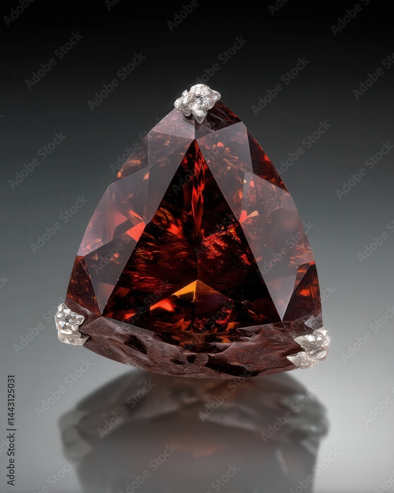 Poster captivating garnet gemstone specimen displaying rich red hues and intricate crystal structure on a d