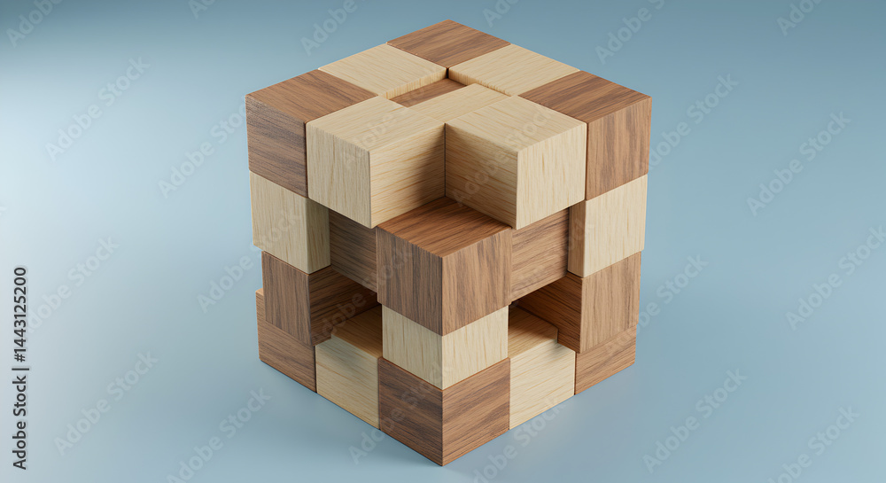 Poster wooden cube puzzle with geometric design in beige and brown colors with three dimensional structure