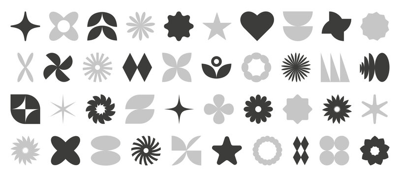 Abstract brutal shapes. Retro shapes. Basic brutal forms and figures in Y2K aesthetics, vintage stickers, logos, labels. Decorative design elements, vector illustration.