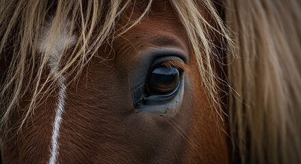 Close-up of a Brown Horse's Eye, Showing its Deep Gaze and Blonde Mane