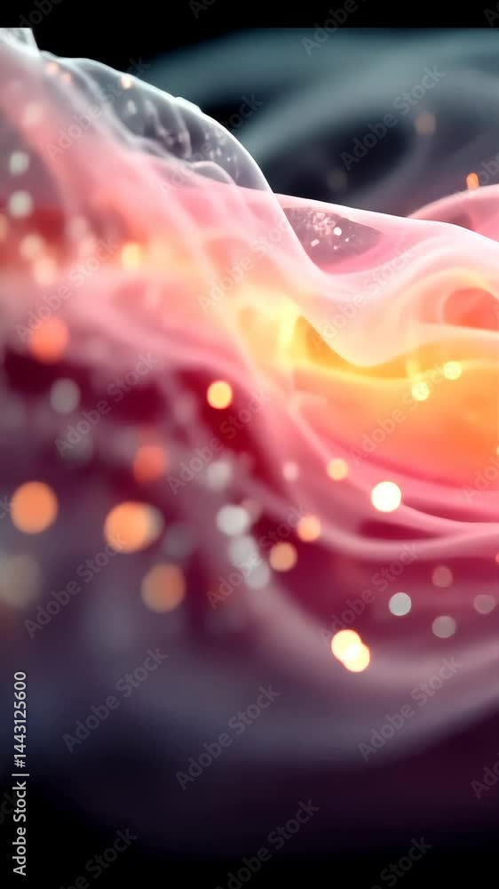 Poster abstract glowing wave landscape with sparkling particles, representing futuristic quantum science co