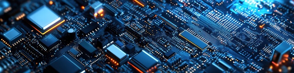 Fototapeta premium Close-up of a vibrant electronic circuit board with resistors, capacitors, transistors & ICs arranged in grid pattern