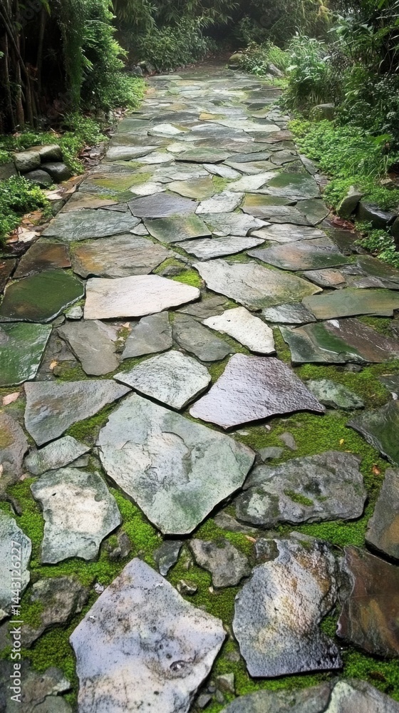 Poster serene stone path meandering through lush greenery creating a tranquil atmosphere with natural textu