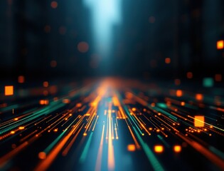 Abstract digital landscape with glowing lines and squares, evoking data flow, technology, and futuristic themes in vibrant orange and blue tones.