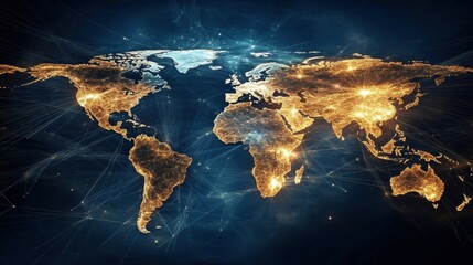 World Map at Night: Digital Illustration with Network of Connections, Continents Outlined in Black, Oceans in Blue and Gold