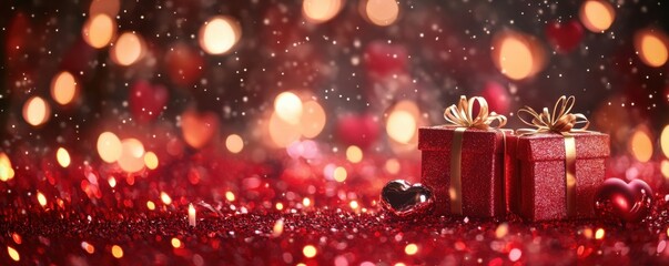 Romantic Red Gift Boxes and Festive Lights