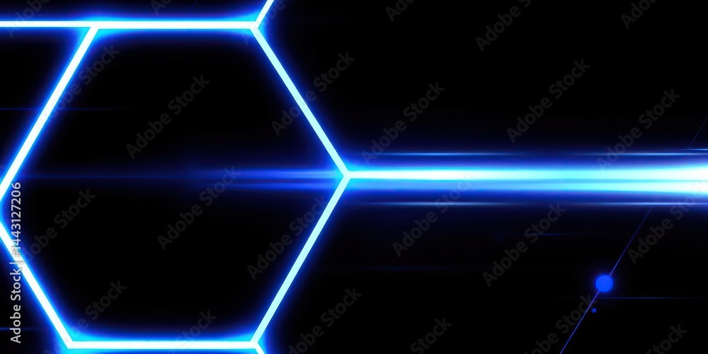 Poster abstract hexagon pattern with bright blue glowing lines and lens flare effect