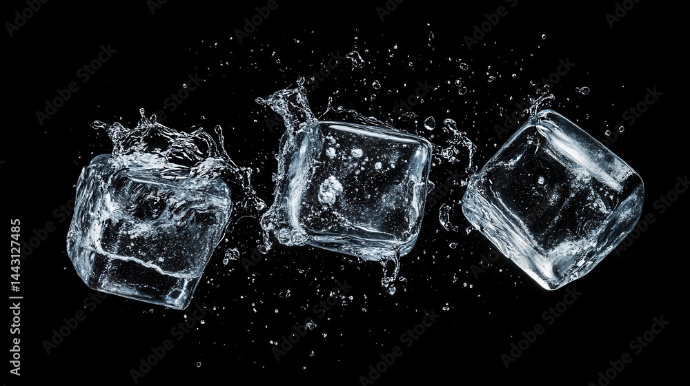 Poster three ice cubes suspended in mid air with water droplets splashing against a black background creati